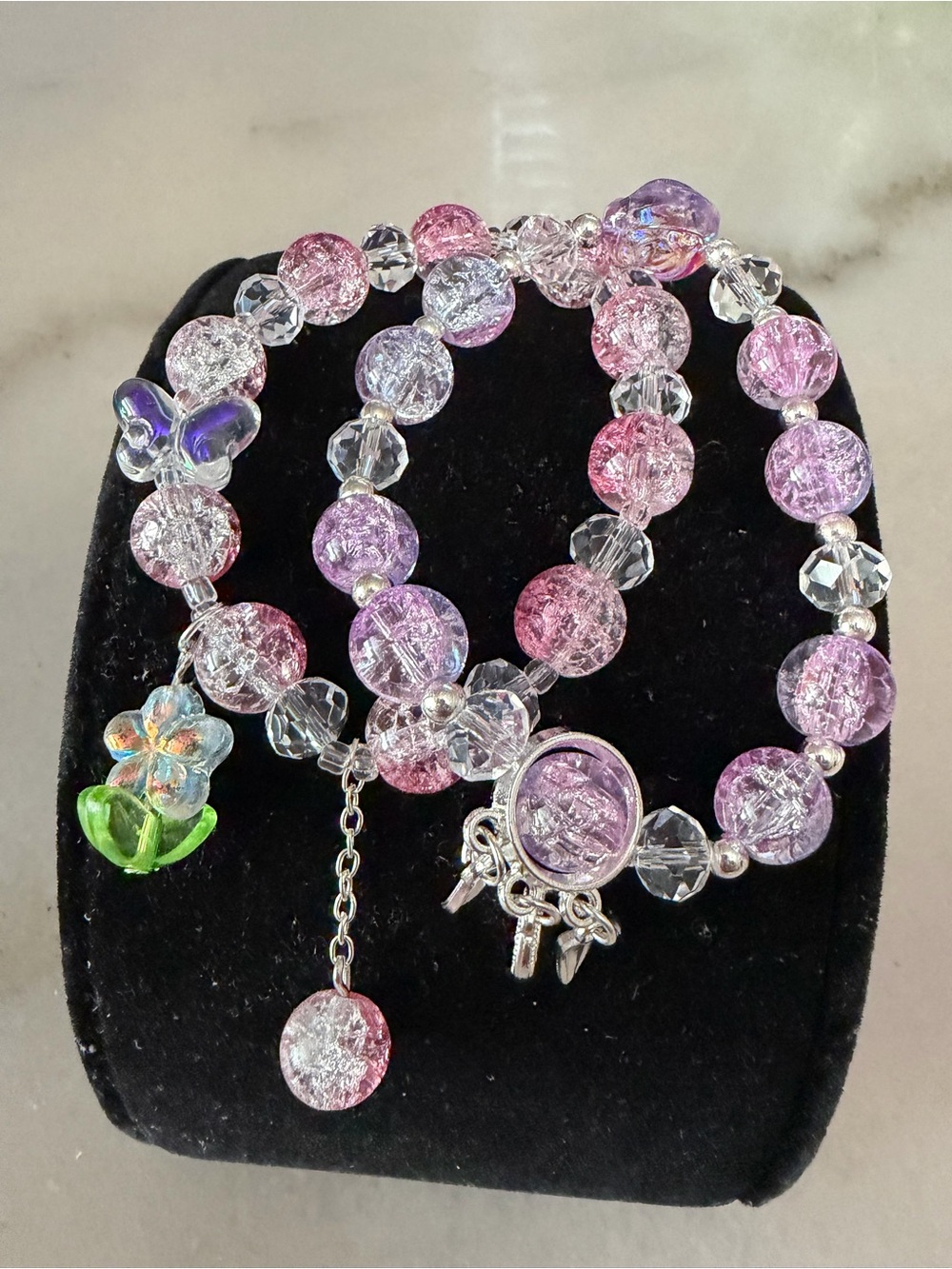 Pink & Purple Crackle Glass Charm Bracelet Set